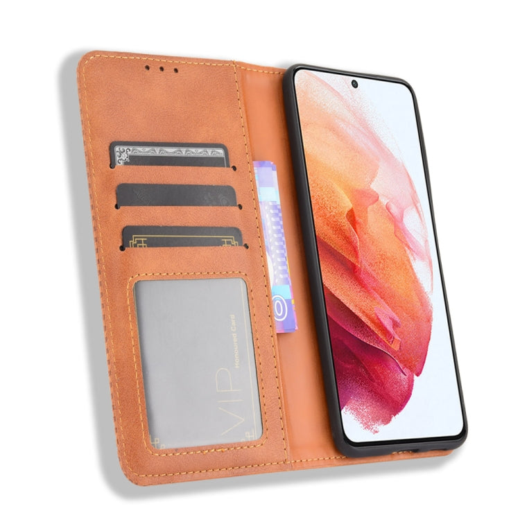 For Samsung Galaxy S21 FE Magnetic Buckle Retro Crazy Horse Texture Horizontal Flip Leather Case with Holder & Card Slots & Photo Frame(Brown) by buy2fix