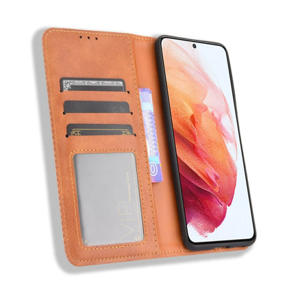 For Samsung Galaxy S21 FE Magnetic Buckle Retro Crazy Horse Texture Horizontal Flip Leather Case with Holder & Card Slots & Photo Frame(Brown) by buy2fix
