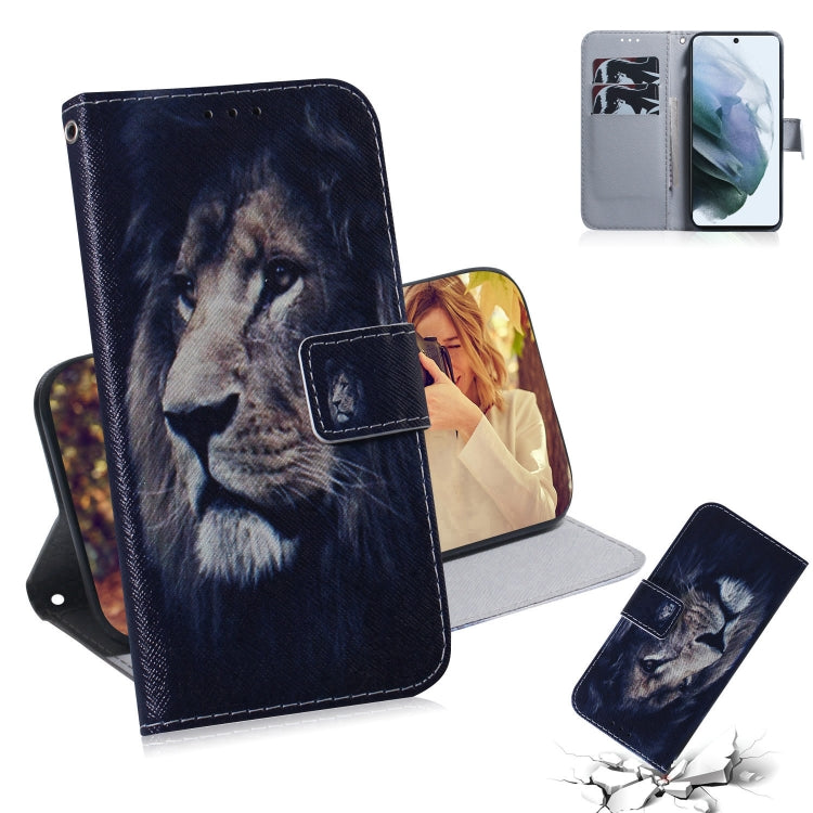 For Samsung Galaxy S21 FE Coloured Drawing Horizontal Flip Leather Case, with Holder & Card Slots & Wallet(Lion) by buy2fix