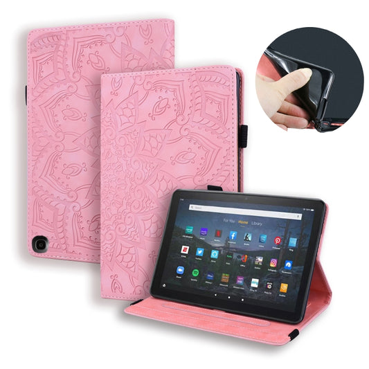 For Amazon Fire HD 10 2023 / 10 Plus (2021) Calf Pattern Double Folding Design Embossed Leather Case with Holder & Card Slots & Pen Slot & Elastic Band(Pink) - Amazon by buy2fix | Online Shopping UK | buy2fix