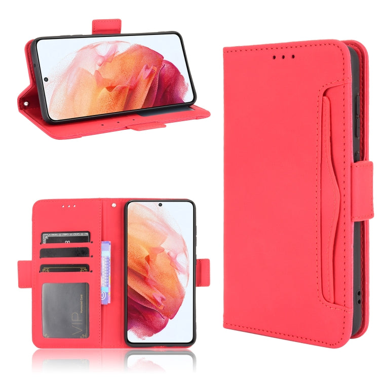 For Samsung Galaxy S21 FE Skin Feel Calf Pattern Horizontal Flip Leather Case with Holder & Card Slots & Photo Frame(Red) by buy2fix
