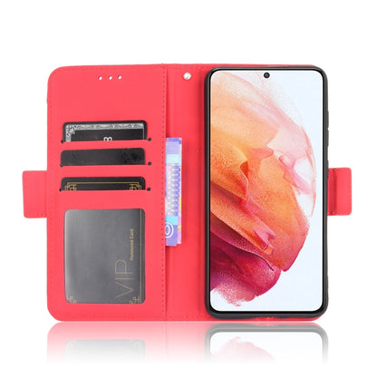 For Samsung Galaxy S21 FE Skin Feel Calf Pattern Horizontal Flip Leather Case with Holder & Card Slots & Photo Frame(Red) by buy2fix