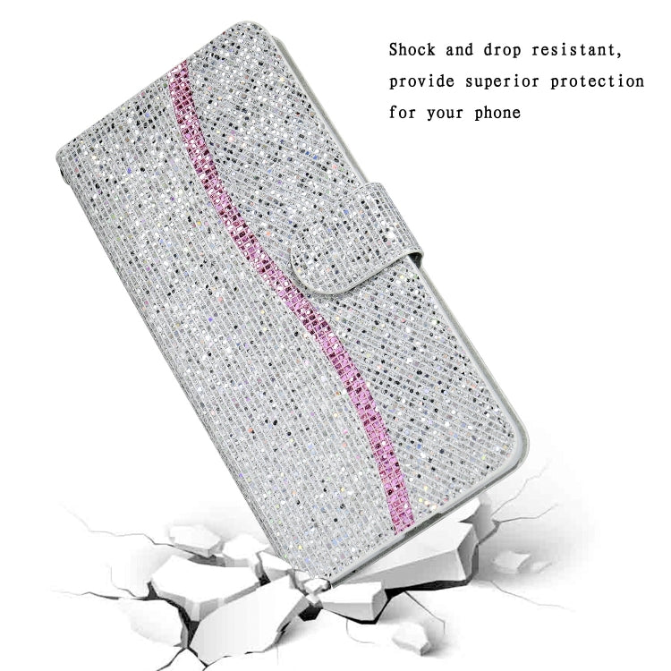 For Samsung Galaxy A22 5G Glitter Powder Horizontal Flip Leather Case with Card Slots & Holder & Lanyard(Silver) by buy2fix