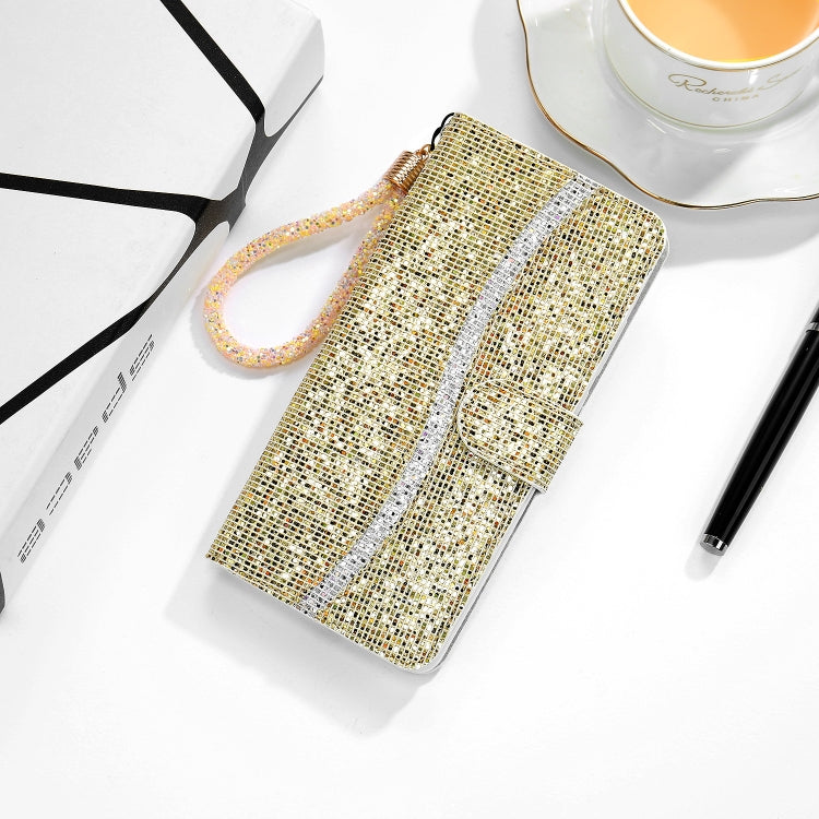 For Samsung Galaxy A22 5G Glitter Powder Horizontal Flip Leather Case with Card Slots & Holder & Lanyard(Gold) by buy2fix
