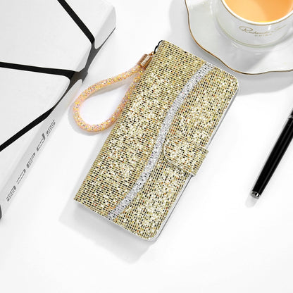 For Samsung Galaxy A22 5G Glitter Powder Horizontal Flip Leather Case with Card Slots & Holder & Lanyard(Gold) by buy2fix