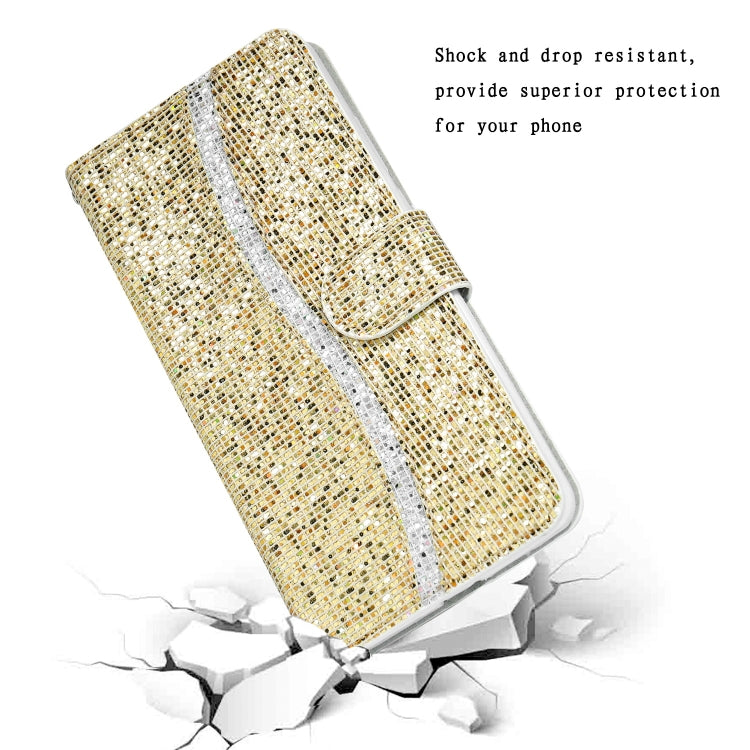 For Samsung Galaxy A22 5G Glitter Powder Horizontal Flip Leather Case with Card Slots & Holder & Lanyard(Gold) by buy2fix