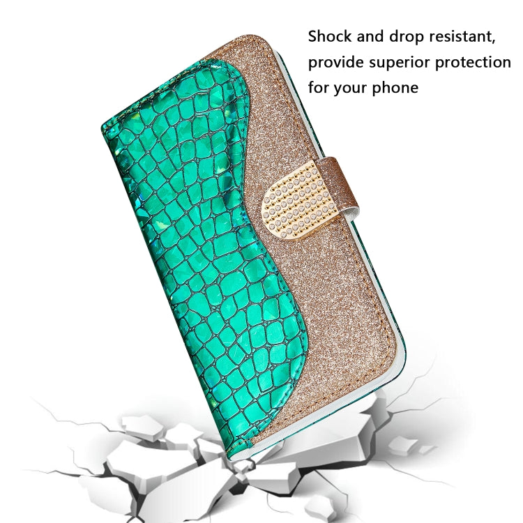 For Samsung Galaxy A22 5G Laser Glitter Powder Matching Crocodile Texture Horizontal Flip Leather Case with Card Slots & Holder & Wallet(Green) by buy2fix