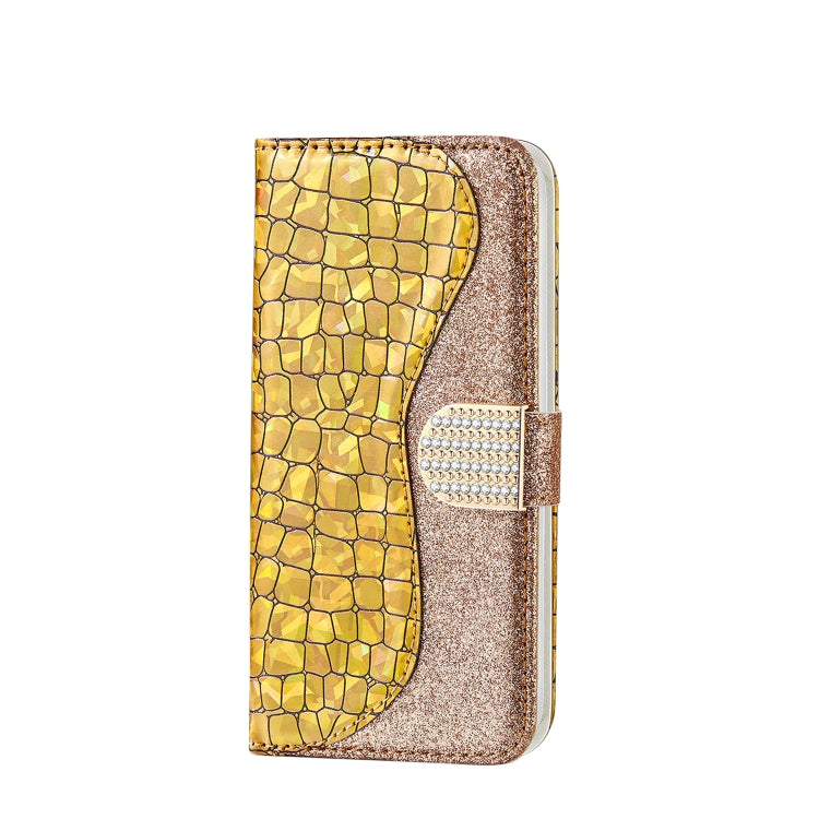 For Samsung Galaxy A22 5G Laser Glitter Powder Matching Crocodile Texture Horizontal Flip Leather Case with Card Slots & Holder & Wallet(Gold) by buy2fix