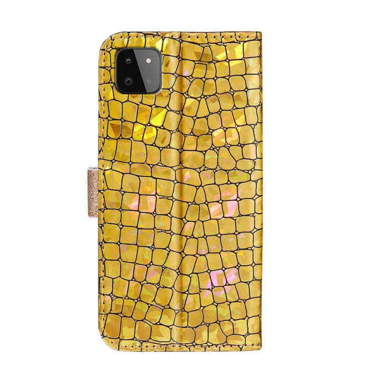 For Samsung Galaxy A22 5G Laser Glitter Powder Matching Crocodile Texture Horizontal Flip Leather Case with Card Slots & Holder & Wallet(Gold) by buy2fix