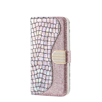 For Samsung Galaxy A22 5G Laser Glitter Powder Matching Crocodile Texture Horizontal Flip Leather Case with Card Slots & Holder & Wallet(Silver) - Galaxy Phone Cases by buy2fix | Online Shopping UK | buy2fix