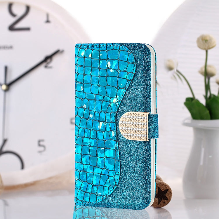 For Samsung Galaxy A22 5G Laser Glitter Powder Matching Crocodile Texture Horizontal Flip Leather Case with Card Slots & Holder & Wallet(Blue) by buy2fix