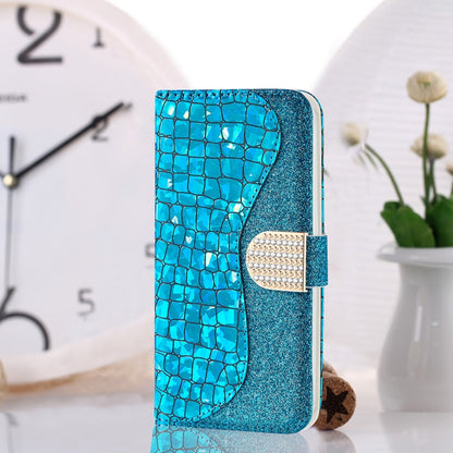 For Samsung Galaxy A22 5G Laser Glitter Powder Matching Crocodile Texture Horizontal Flip Leather Case with Card Slots & Holder & Wallet(Blue) by buy2fix