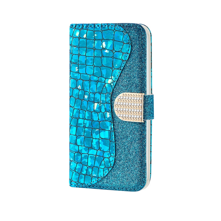 For Samsung Galaxy A22 5G Laser Glitter Powder Matching Crocodile Texture Horizontal Flip Leather Case with Card Slots & Holder & Wallet(Blue) by buy2fix