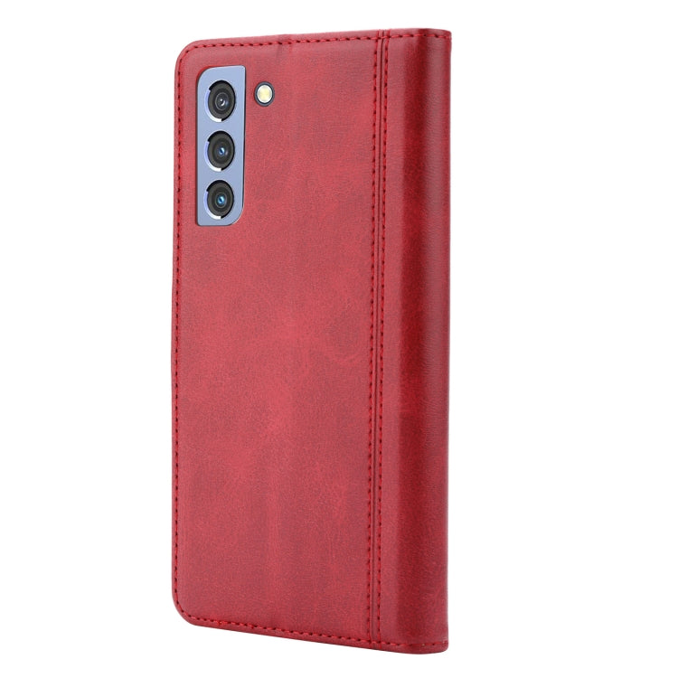 For Samsung Galaxy S21 FE Calf Texture Double Fold Clasp Horizontal Flip Leather Case with Photo Frame & Holder & Card Slots & Wallet(Red) by buy2fix