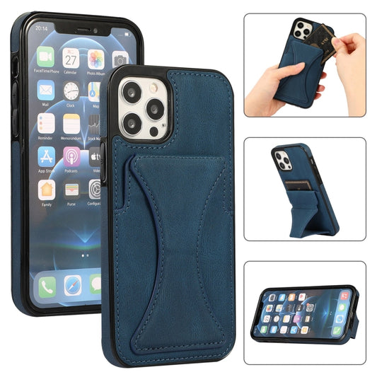 For iPhone 12 / 12 Pro Ultra-thin Shockproof Protective Case with Holder & Metal Magnetic Function(Blue) - iPhone 12 / 12 Pro Cases by buy2fix | Online Shopping UK | buy2fix