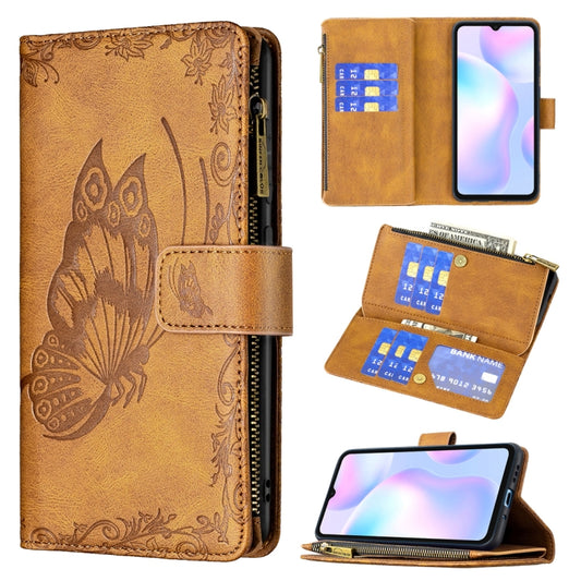 For Xiaomi Redmi 9A Flying Butterfly Embossing Pattern Zipper Horizontal Flip Leather Case with Holder & Card Slots & Wallet(Brown) - Xiaomi Cases by buy2fix | Online Shopping UK | buy2fix
