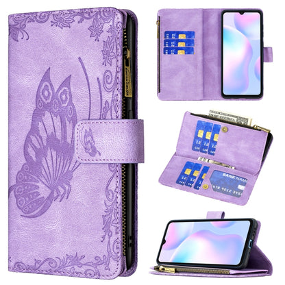 For Xiaomi Redmi 9A Flying Butterfly Embossing Pattern Zipper Horizontal Flip Leather Case with Holder & Card Slots & Wallet(Purple) - Xiaomi Cases by buy2fix | Online Shopping UK | buy2fix