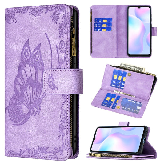 For Xiaomi Redmi 9A Flying Butterfly Embossing Pattern Zipper Horizontal Flip Leather Case with Holder & Card Slots & Wallet(Purple) - Xiaomi Cases by buy2fix | Online Shopping UK | buy2fix