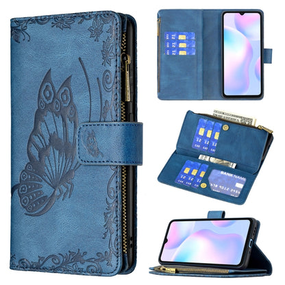For Xiaomi Redmi 9A Flying Butterfly Embossing Pattern Zipper Horizontal Flip Leather Case with Holder & Card Slots & Wallet(Blue) - Xiaomi Cases by buy2fix | Online Shopping UK | buy2fix