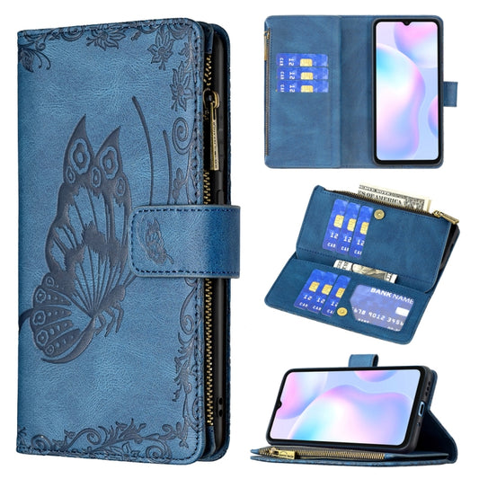 For Xiaomi Redmi 9A Flying Butterfly Embossing Pattern Zipper Horizontal Flip Leather Case with Holder & Card Slots & Wallet(Blue) - Xiaomi Cases by buy2fix | Online Shopping UK | buy2fix