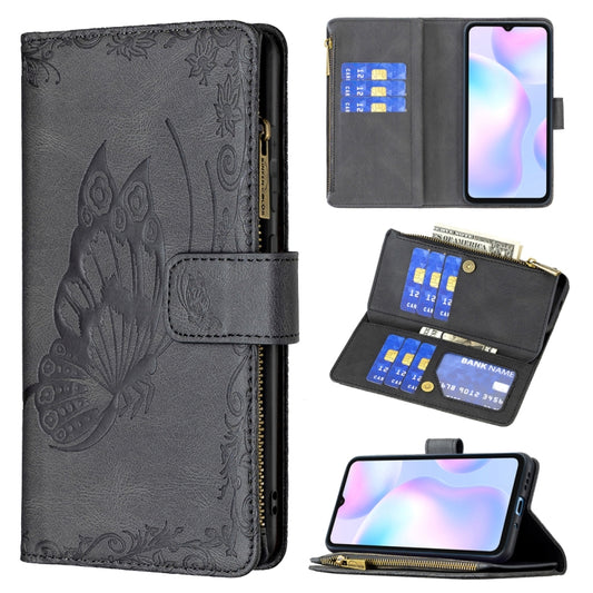 For Xiaomi Redmi 9A Flying Butterfly Embossing Pattern Zipper Horizontal Flip Leather Case with Holder & Card Slots & Wallet(Black) - Xiaomi Cases by buy2fix | Online Shopping UK | buy2fix