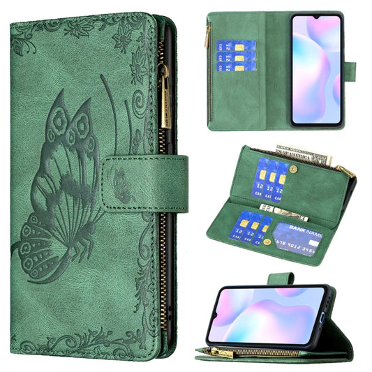 For Xiaomi Redmi 9A Flying Butterfly Embossing Pattern Zipper Horizontal Flip Leather Case with Holder & Card Slots & Wallet(Green) - Xiaomi Cases by buy2fix | Online Shopping UK | buy2fix
