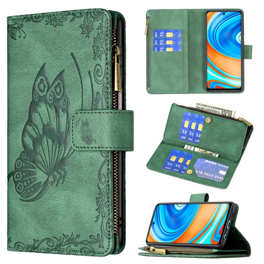 For Xiaomi Redmi Note 9 Pro Max Flying Butterfly Embossing Pattern Zipper Horizontal Flip Leather Case with Holder & Card Slots & Wallet(Green) - Xiaomi Cases by buy2fix | Online Shopping UK | buy2fix