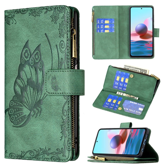 For Xiaomi Redmi Note 10 4G Flying Butterfly Embossing Pattern Zipper Horizontal Flip Leather Case with Holder & Card Slots & Wallet(Green) - Xiaomi Cases by buy2fix | Online Shopping UK | buy2fix