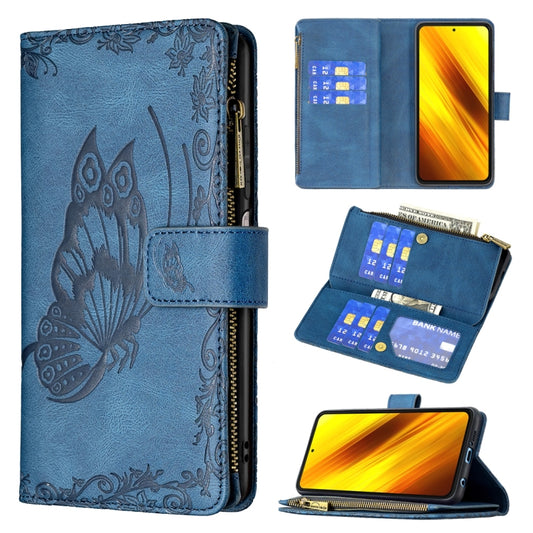 For Xiaomi Poco X3 Flying Butterfly Embossing Pattern Zipper Horizontal Flip Leather Case with Holder & Card Slots & Wallet(Blue) - Xiaomi Cases by buy2fix | Online Shopping UK | buy2fix