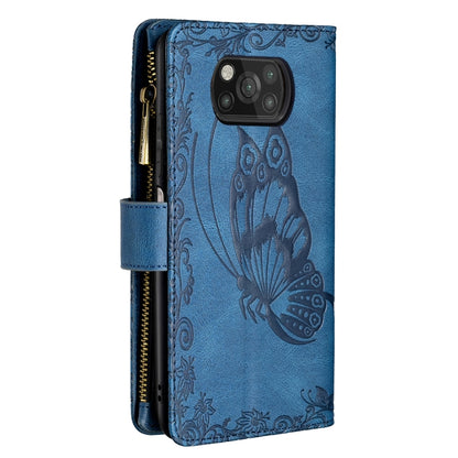 For Xiaomi Poco X3 Flying Butterfly Embossing Pattern Zipper Horizontal Flip Leather Case with Holder & Card Slots & Wallet(Blue) - Xiaomi Cases by buy2fix | Online Shopping UK | buy2fix