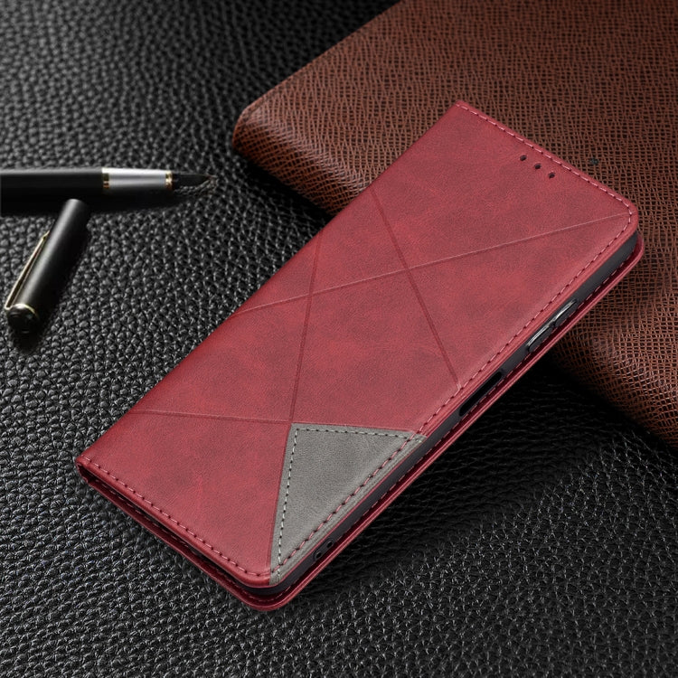 For Samsung Galaxy A22 5G Rhombus Texture Horizontal Flip Magnetic Leather Case with Holder & Card Slots(Red) by buy2fix