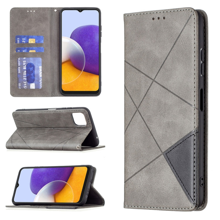 For Samsung Galaxy A22 5G Rhombus Texture Horizontal Flip Magnetic Leather Case with Holder & Card Slots(Grey) by buy2fix