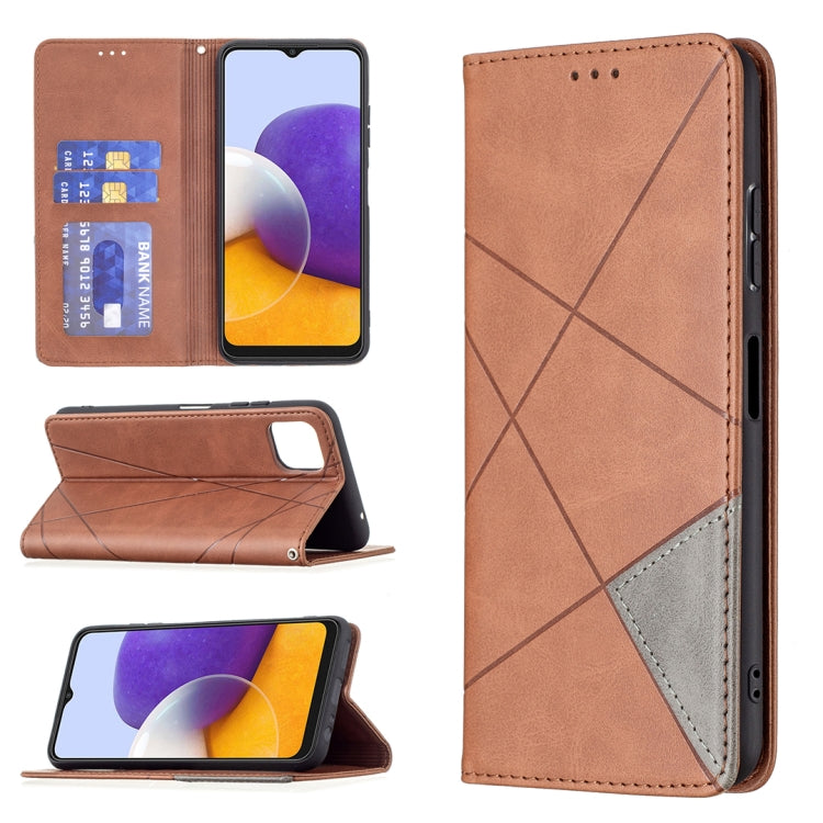 For Samsung Galaxy A22 5G Rhombus Texture Horizontal Flip Magnetic Leather Case with Holder & Card Slots(Brown) by buy2fix