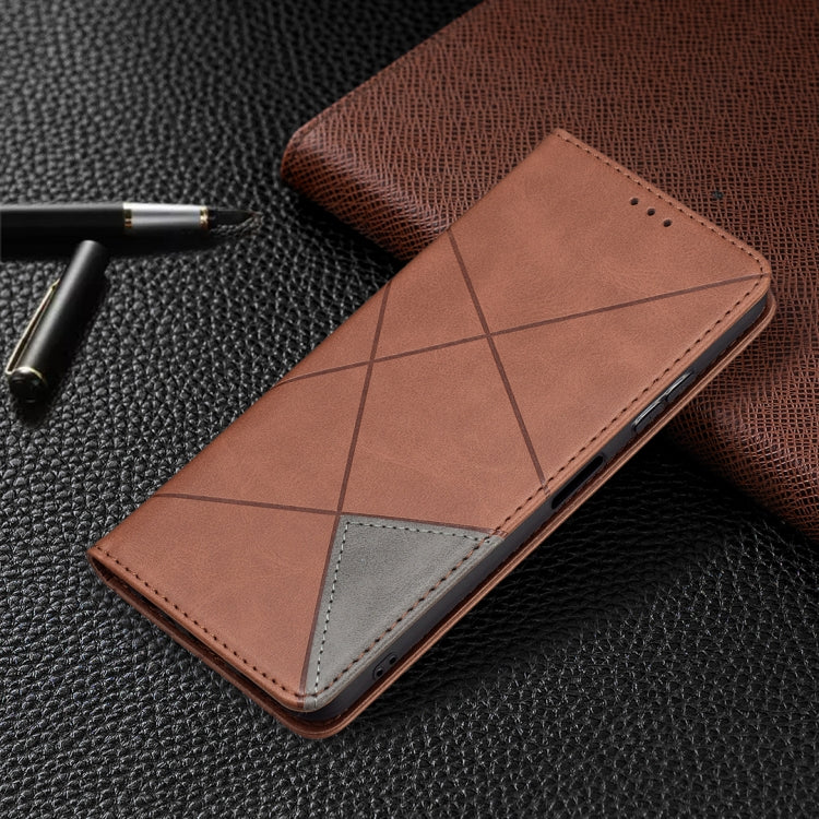 For Samsung Galaxy A22 5G Rhombus Texture Horizontal Flip Magnetic Leather Case with Holder & Card Slots(Brown) by buy2fix