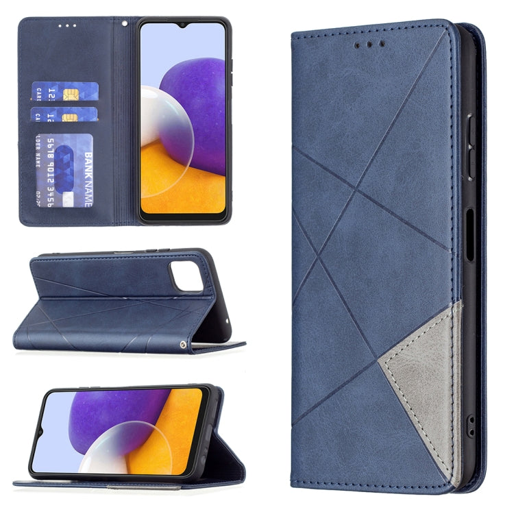 For Samsung Galaxy A22 5G Rhombus Texture Horizontal Flip Magnetic Leather Case with Holder & Card Slots(Blue) by buy2fix