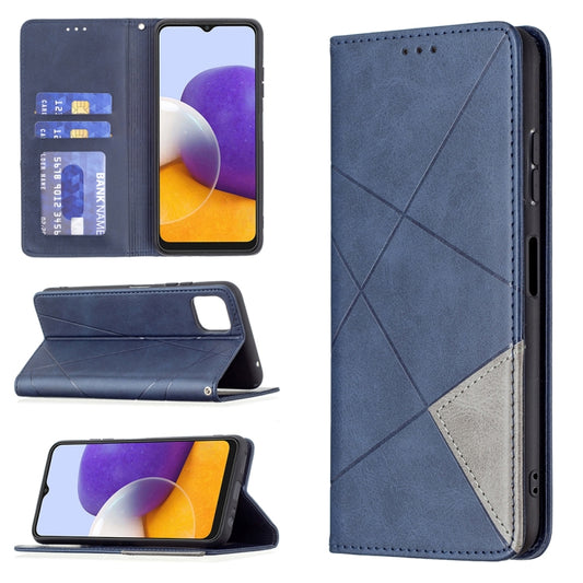 For Samsung Galaxy A22 5G Rhombus Texture Horizontal Flip Magnetic Leather Case with Holder & Card Slots(Blue) by buy2fix
