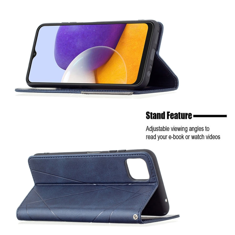 For Samsung Galaxy A22 5G Rhombus Texture Horizontal Flip Magnetic Leather Case with Holder & Card Slots(Blue) by buy2fix