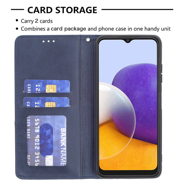 For Samsung Galaxy A22 5G Rhombus Texture Horizontal Flip Magnetic Leather Case with Holder & Card Slots(Blue) by buy2fix