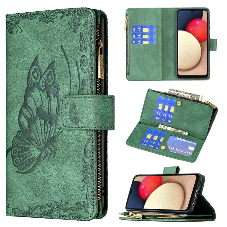 For Samsung Galaxy A02s Flying Butterfly Embossing Pattern Zipper Horizontal Flip Leather Case with Holder & Card Slots & Wallet(Green) by buy2fix