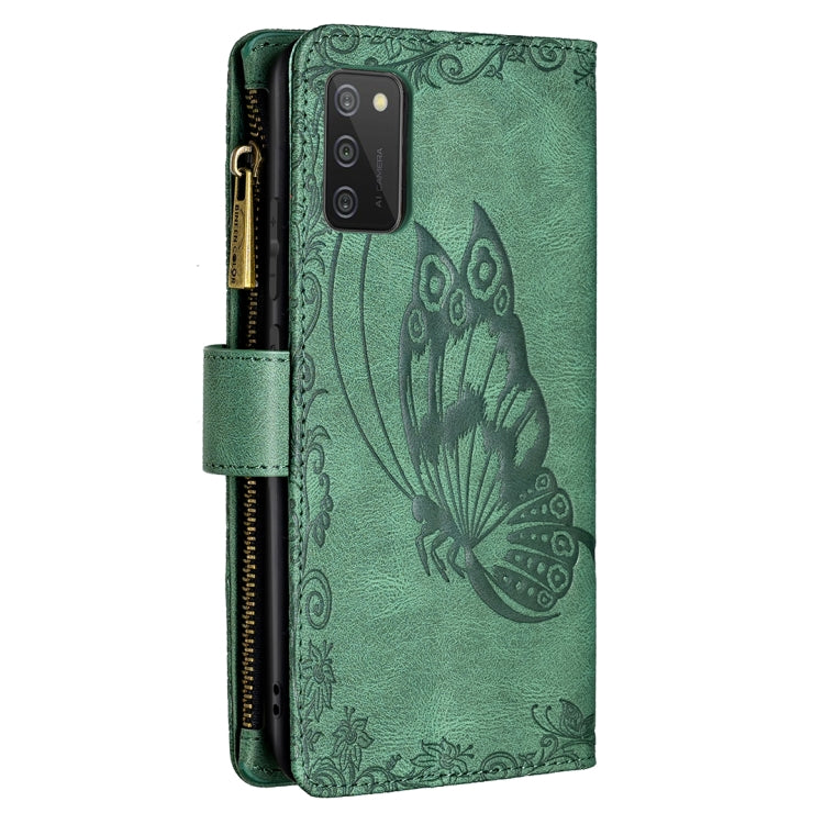 For Samsung Galaxy A02s Flying Butterfly Embossing Pattern Zipper Horizontal Flip Leather Case with Holder & Card Slots & Wallet(Green) by buy2fix
