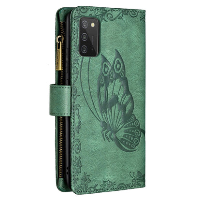For Samsung Galaxy A02s Flying Butterfly Embossing Pattern Zipper Horizontal Flip Leather Case with Holder & Card Slots & Wallet(Green) by buy2fix