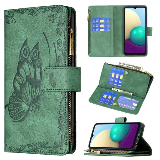 For Samsung Galaxy A02 Flying Butterfly Embossing Pattern Zipper Horizontal Flip Leather Case with Holder & Card Slots & Wallet(Green) by buy2fix