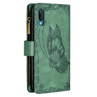 For Samsung Galaxy A02 Flying Butterfly Embossing Pattern Zipper Horizontal Flip Leather Case with Holder & Card Slots & Wallet(Green) by buy2fix