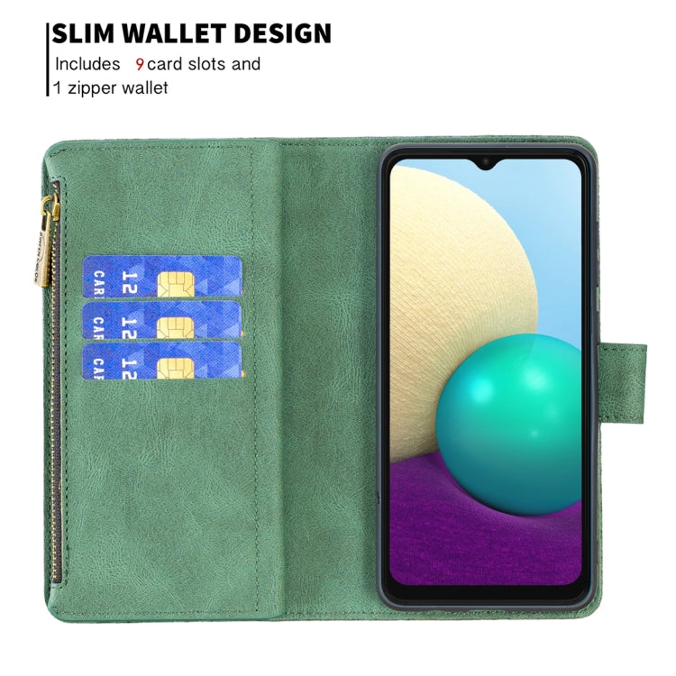 For Samsung Galaxy A02 Flying Butterfly Embossing Pattern Zipper Horizontal Flip Leather Case with Holder & Card Slots & Wallet(Green) by buy2fix
