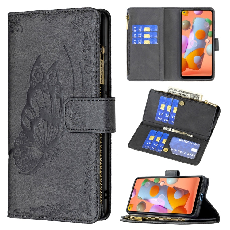 For Samsung Galaxy A11 Flying Butterfly Embossing Pattern Zipper Horizontal Flip Leather Case with Holder & Card Slots & Wallet(Black) by buy2fix