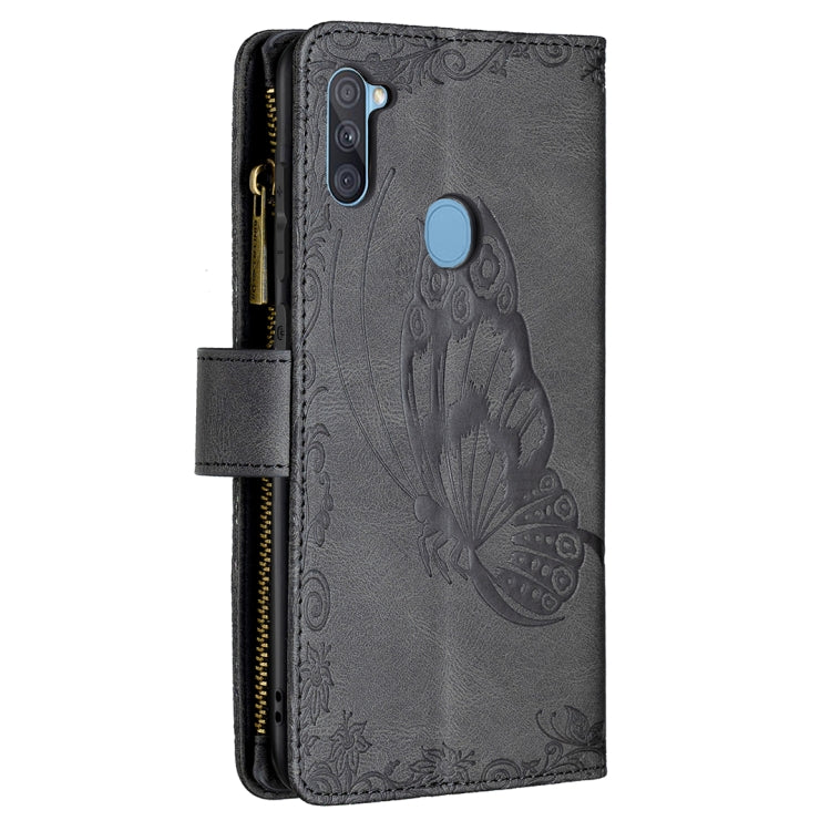 For Samsung Galaxy A11 Flying Butterfly Embossing Pattern Zipper Horizontal Flip Leather Case with Holder & Card Slots & Wallet(Black) by buy2fix