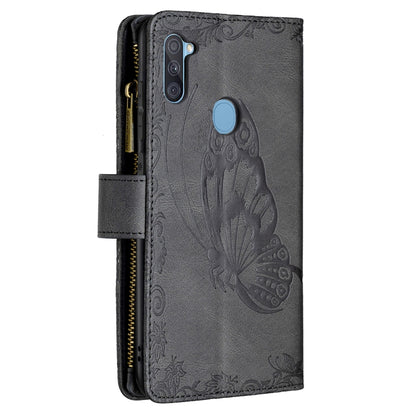 For Samsung Galaxy A11 Flying Butterfly Embossing Pattern Zipper Horizontal Flip Leather Case with Holder & Card Slots & Wallet(Black) by buy2fix