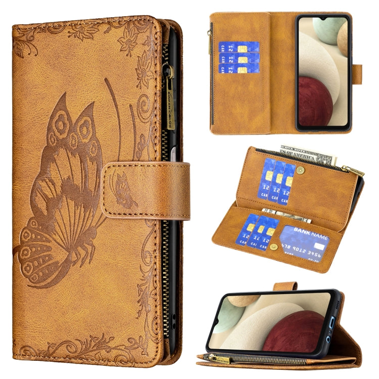 For Samsung Galaxy A12 Flying Butterfly Embossing Pattern Zipper Horizontal Flip Leather Case with Holder & Card Slots & Wallet(Brown) by buy2fix