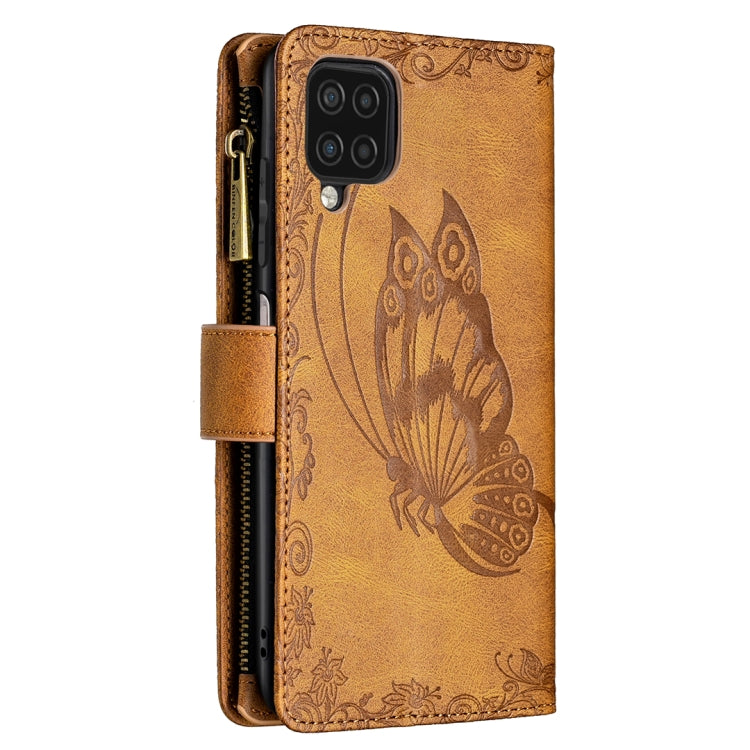 For Samsung Galaxy A12 Flying Butterfly Embossing Pattern Zipper Horizontal Flip Leather Case with Holder & Card Slots & Wallet(Brown) by buy2fix