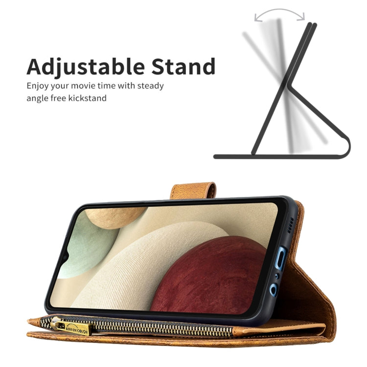 For Samsung Galaxy A12 Flying Butterfly Embossing Pattern Zipper Horizontal Flip Leather Case with Holder & Card Slots & Wallet(Brown) by buy2fix